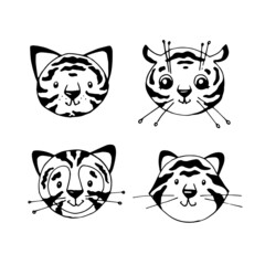 Doodle set with funny tiger faces on white
