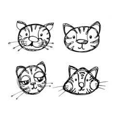 Fototapeta na wymiar Doodle set with funny tiger faces on white