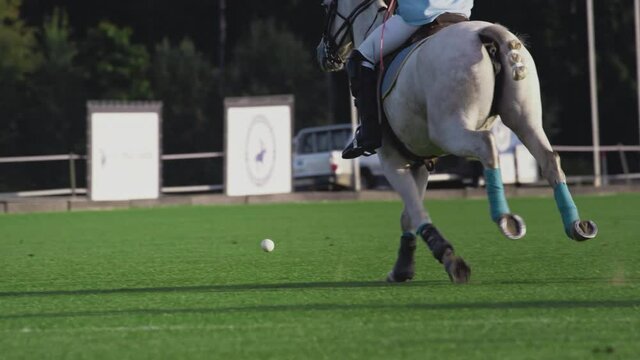 Polo game, girl on horseback in slow motion. Horseback riding. Polo in the grass arena, equestrian sports in the stadium. Horse legs. Strikes the ball with a wooden stick.