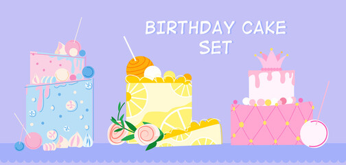 Birthday vector cake design element isolated illustration set on purple background.