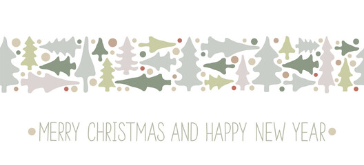 Merry Christmas and Happy New Year winter border banner. Coniferous forest seamless pattern on white