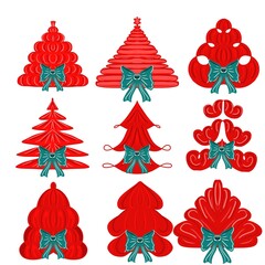 set of red Christmas trees on a white background