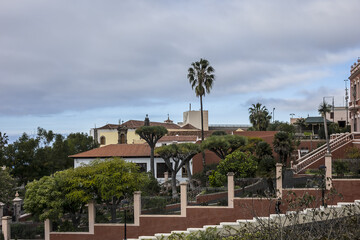 XIX century La Orotava public Victoria Gardens (Jardines Victoria): numerous water fountains, terraced gardens with colorful flowers and marble mausoleum. La Orotava, Tenerife, Canary Islands, Spain.