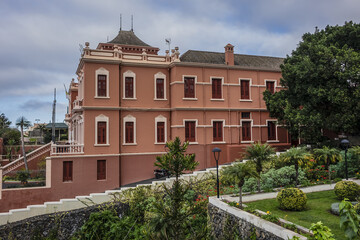 XIX century La Orotava public Victoria Gardens (Jardines Victoria): numerous water fountains, terraced gardens with colorful flowers and marble mausoleum. La Orotava, Tenerife, Canary Islands, Spain.