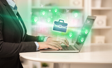 Businessman working on laptop with new business