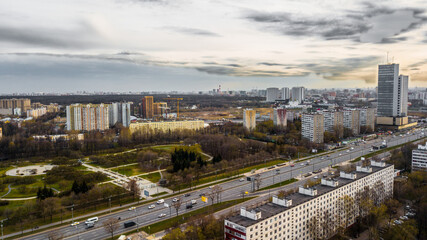 panorama from a drone on a residential area of Moscow. new high-rise buildings against the background of old low houses. general plan