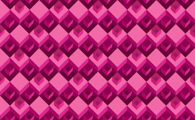 Geometric seamless pattern with three-dimensional cubes. Abstract mosaic of pink color square shape box. Diamond tle ornament
