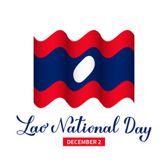 Lao National Day calligraphy hand lettering with flag. Holiday in Laos celebrate on December 2. Vector template for typography poster, banner, flyer, greeting card, etc