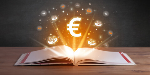 Open book with currency icons above
