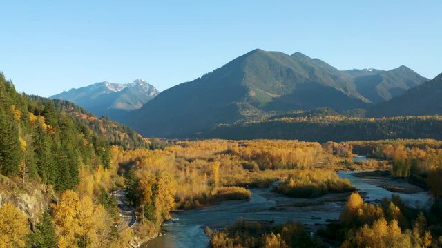 Aerial view of the Vedder Crossing in fall color in Chilliwack city, where the Vedder River changes its name to Chilliwack River, British Columbia, Canada