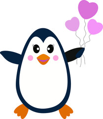 Cute penguin with balloons on a white background. Vector illustration