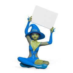 witch girl is smiling and is also sitting holding a sign