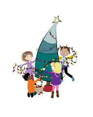 Fototapeta premium Children decorating a Christmas tree in a whimsical illustration