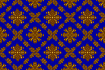 Seamless geometric ethnic fabric pattern, golden flower pattern, Thai fabric pattern design, carpet, wallpaper, curtain, cushion, clothing, wrap, batik, blue background fabric pattern