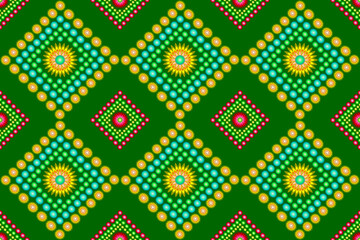 Ethnic fabric pattern, flower pattern, assembled into a seamless diamond shape, for curtain design, print, retro tile pattern, carpet, wallpaper, wrap, batik, green background fabric pattern.