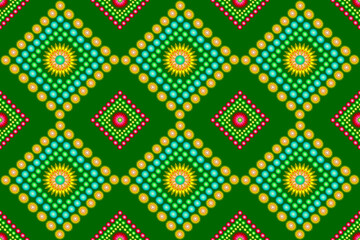 Ethnic fabric pattern, flower pattern, assembled into a seamless diamond shape, for curtain design, print, retro tile pattern, carpet, wallpaper, wrap, batik, green background fabric pattern.