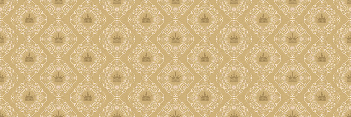 Background pattern in royal style with crowns and floral ornaments for your design. Seamless background for wallpaper, textures.