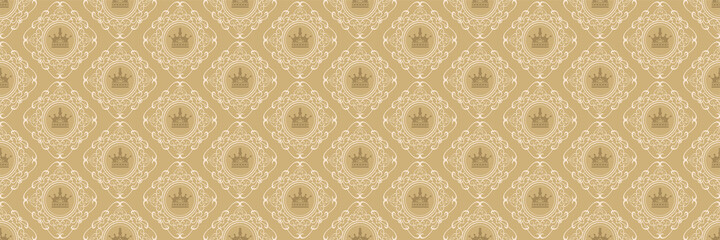 Background pattern in royal style with crowns and floral ornaments for your design. Seamless background for wallpaper, textures.