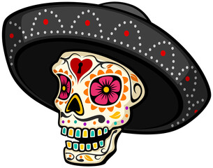 Vector illustration of a 3/4 view cartoon sugar skull wearing a black sombrero hat.