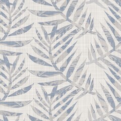 Seamless french linen printed foliage background. Provence blue gray linen pattern texture. Shabby chic style woven blur background. Textile rustic all over print - 467473010