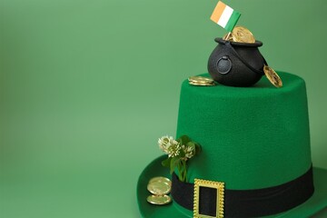 Saint Patrick background. St.Patrick 's Day.Green leprechaun hat,flag of Ireland, decorative coin,...