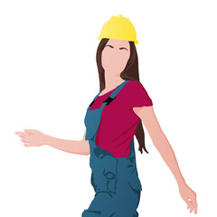 Young woman wears a blue overall and yellow helmet. Vector flat style illustration isolated on white