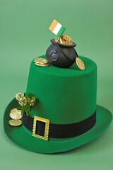 Saint Patrick background. St.Patrick 's Day.Green leprechaun hat,flag of Ireland,gold decorative...