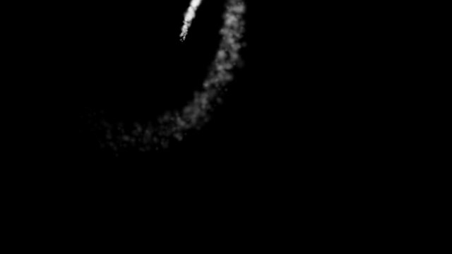 The smoke rocket spins against a black background, releasing a jet of white smoke behind it.