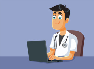 Medical Doctor at the Desk in his Office Vector Cartoon Illustration