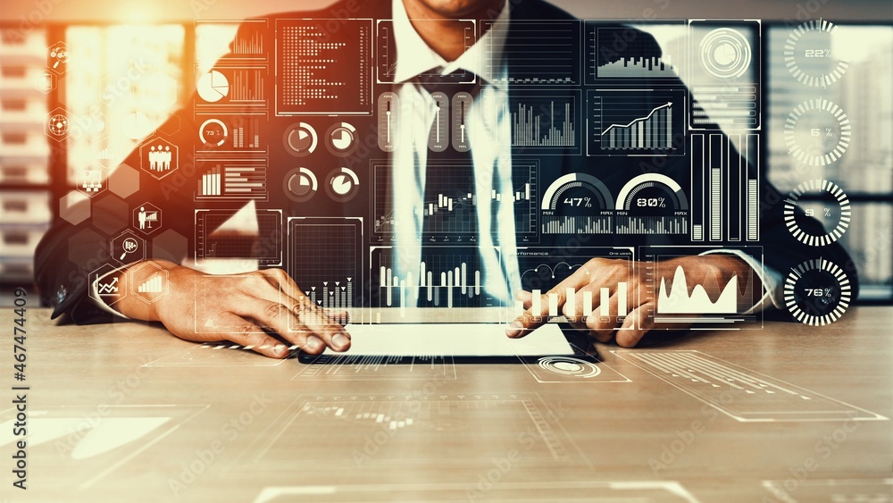 Poster business intelligence technology and big data analytic mixed media showing concept of futuristic inf