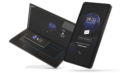 mobile phone and computer screen. smart phone with dark background 3d-illustration. elements of this image furnished by NASA