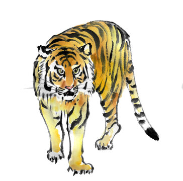 水墨画技法で描かれた前進する虎