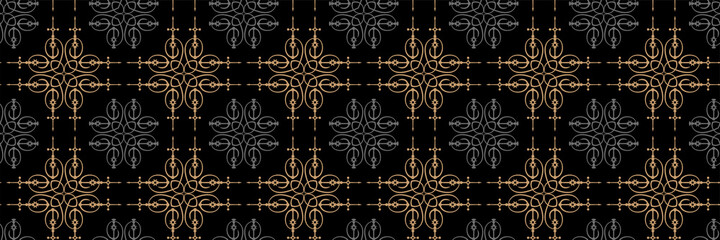 Abstract dark background image with linear ornament on black background for your design. Seamless background for wallpaper, textures