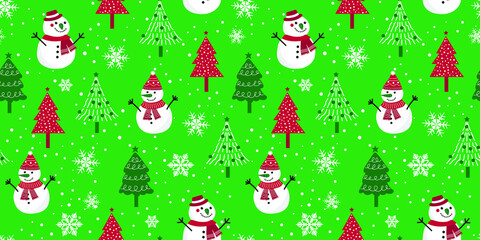 Christmas seamless pattern with snow doll smiling in winter background