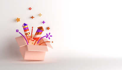 Happy new year decoration background with firework rocket opened box confetti copy space text, 3D rendering illustration