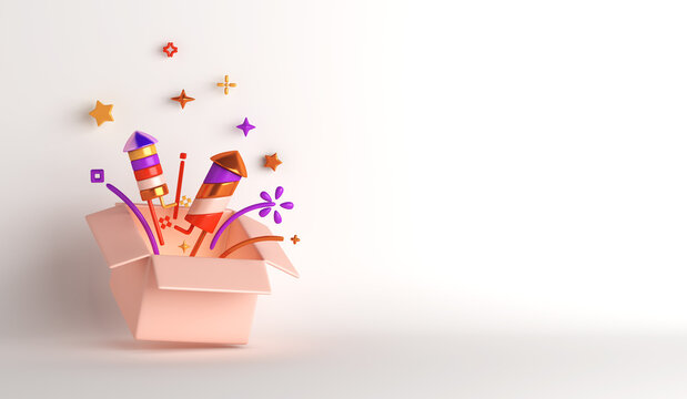Happy new year decoration background with firework rocket opened box confetti copy space text, 3D rendering illustration