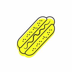 Hot dog icon. Bun with fried sausage, isolated on white background. Vector contour fast food sign in line art style. Fast food logo. Hotdog template.