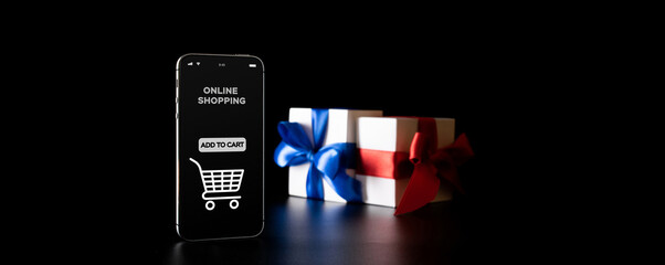 Discount sale. Internet online shopping app on mobile phone, white gift box with red ribbon...