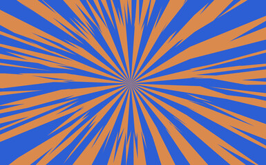 Pop art radial colorful comics book magazine cover. Striped brown and blue digital background. Cartoon funny retro pattern strip mock up. Vector halftone illustration. Starburst shape
