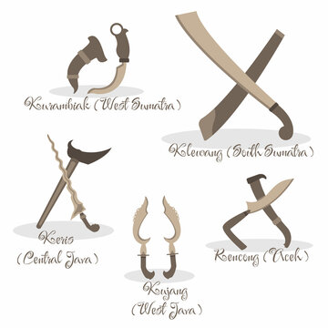 Various kinds of traditional weapons from Indonesia. There are called kurambiak from West Sumatra, klewang from South Sumatra, kris from Central Java, kujang from West Java, and rencong from Aceh.