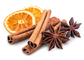 Cinnamon sticks, Anise stars, Dried citrus orange slice. Aromatic spices for Drink, cooking or baking. Isolated white background. Macro High resolution photo. Professional food photography. 