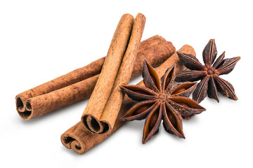 Cinnamon sticks, Anise stars. Dried cinnamon stick. Aromatic spices for Drink, cooking or baking. Isolated white background. Macro High resolution photo. Professional food photography. 