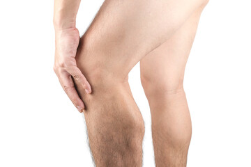 Knee pain. Young man's leg. He uses his hands to hold and massage the knee area. with tendon pain...