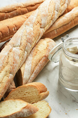 French Baguette Bread on Wooden Table, Selected Focus