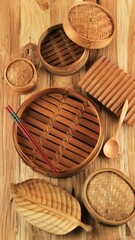Empty Basket of Dim Sum Made by Bamboo Material and Chopsticks. Chinese Traditional Cuisine Concept. Dumplings Dimsum in Bamboo Steamer, Top on Wooden Table. Asian Food Background