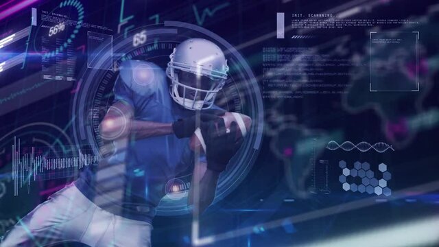 Animation of interface processing data over male american football player catching ball