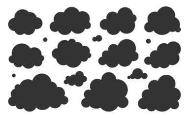 Fotobehang Cloud black silhouette set. Stamp smoke weather symbol game app widget website interface. Meteorology wallpaper splash element cloudless. Blank form nodding shape postcard book advertising isolated © VartB