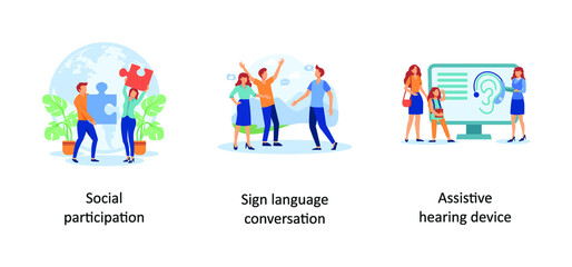 Social Participation, Sign Language conversation, Assistive Hearing Device. Social engagement abstract concept vector illustration set