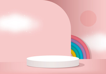3d background. White base with rainbow, sun, cloud.Pedestal scene with for product display modern pink backdrop.Stage podium.Vector illustration.