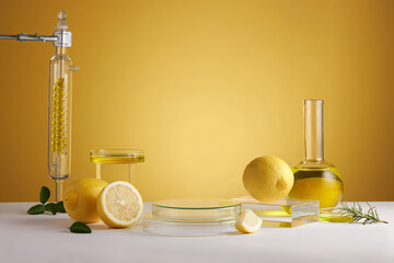 Lemon extract in test tube petri dish and lemon and sliced lemon , green leaf in a yellow background blank space for product advertising , front view , photography experiment content  - Powered by Adobe